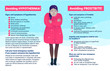 Avoiding hypothermia and frostbite information. Freezing young girl standing on snow outdoors. Signs and symptoms of hypothermia and frostbite. Medical attention and healthcare vector illustration