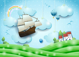 Wall Mural - Fantastic landscape with flying vessel, meadows and village