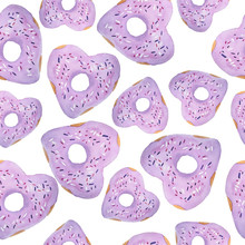 Watercolor Hand Drawn Seamless Pattern Of Violet Lilac Lavender Glazed Sweet Tasty Delicious Donuts With Sugar Glaze And Red Heart Love Decoration Of St Valentine  Holiday Day Textile Paper Bakery
