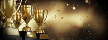 Golden Trophy Cup On Gold Background. Copy Space For Text. 3d Rendering.	