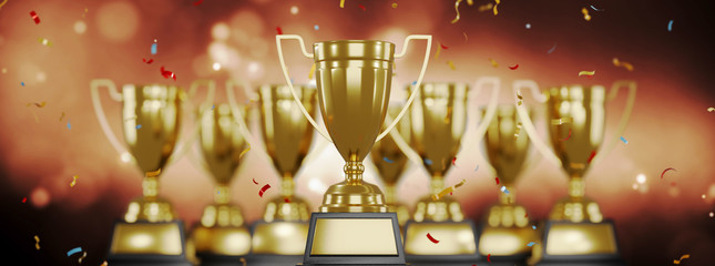 Wall Mural - golden trophy cup on gold background. copy space for text. 3d rendering.