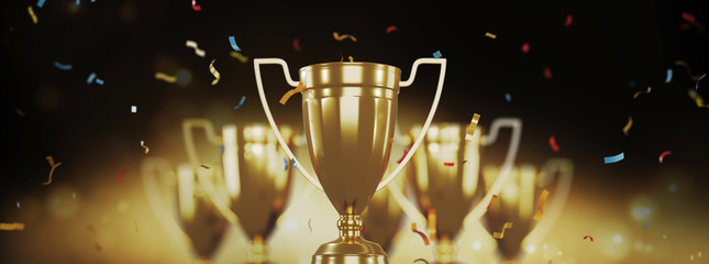 Wall Mural - golden trophy cup on gold background. copy space for text. 3d rendering.