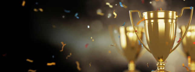 Wall Mural - golden trophy cup on gold background. copy space for text. 3d rendering.