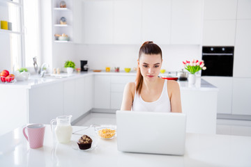 Poster - Photo of domestic charming house wife lady sitting morning kitchen browsing notebook freelancer drink tea milk have breakfast staying home distance remote work quarantine time indoors