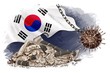 Korea Economy falling, risk, global change. banking crisis,bankruptcy,budget recession. Wrecking coronavirus ball on chain hangs near cracked bank. crack business, economy.