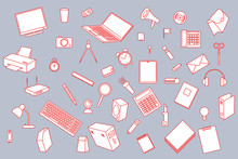 Vector Illustration On The Theme Of School, Office. Objects Drawn In Detail. Computer Gadgets And Office Supplies Are Colorless With A Red Outline On A Gray Background. Icons Are Scattered Randomly. 