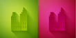 © Kostiantyn - Paper cut City landscape icon isolated on green and pink background. Metropolis architecture panoramic landscape. Paper art style. Vector Illustration