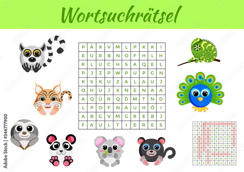 Wortsuchrätsel - Word search puzzle. Clip cards game template. Kids
