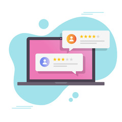 Poster - Review rating online on computer or customer feedback testimonials on laptop pc vector, flat cartoon digital reviews stars with good and bad rate experience modern trendy image