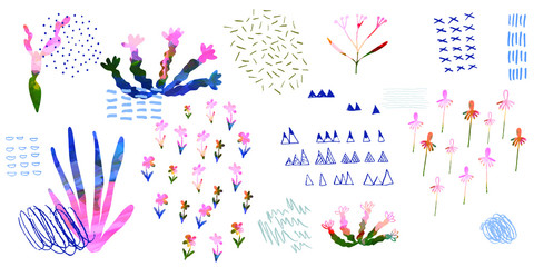 Poster - Creative artistic floral vector background with flowers, hand painted textures and doodles. Modern graphic design for banner, poster, postcard, cover, invitation, placard, brochure or a web header.