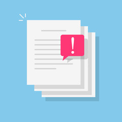 Poster - Text file document caution alert or error notification bubble vector icon flat cartoon, idea of paper doc content with exclamation message symbol, danger content attention mark image