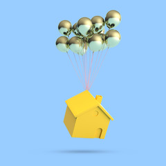 Poster - Minimal conceptual image of floating yellow house and gold balloons on blue background. 3D rendering.