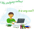 © Юлия Корниевич - A boy studying on a laptop at an online school, sitting at a table. The slogan 'Learning online' is cool. Vector illustration.