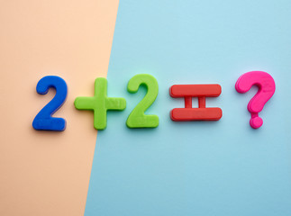 math example two plus two equals of colorful plastic numbers