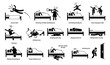 © leremy - Vector illustrations of things that people do on bed. Cliparts depict man jumping onto the bed. Angry wife and noisy kids waking up a person. People sleeping with cat and dog. Monster hide under bed.