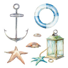 Nautical Decor Set: Lamp, Sea Starfish, Anchor, Stones. Isolated Illustrations On White Background