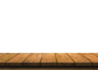 Wall Mural - brown empty wooden table top isolated on white background, used for product placement or wooden boar