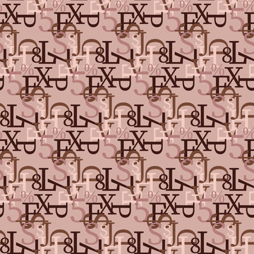 Set of vector seamless patterns. Latin alphabet, numbers, math symbols.