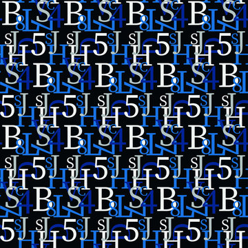 Set of vector seamless patterns. Latin alphabet, numbers, math symbols.