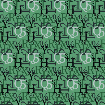 Set of vector seamless patterns. Latin alphabet, numbers, math symbols.