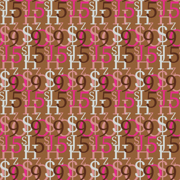 Set of vector seamless patterns. Latin alphabet, numbers, math symbols.
