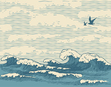 Vector Hand-drawn Seascape In Retro Style With Waves, Seagulls And Clouds In The Sky. Decorative Illustration Of The Sea Or Ocean, Water Waves On The Old Paper Background