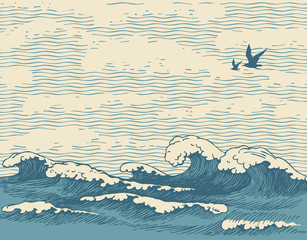 Fototapeta Vector hand-drawn seascape in retro style with waves, seagulls and clouds in the sky. Decorative illustration of the sea or ocean, water waves on the old paper background