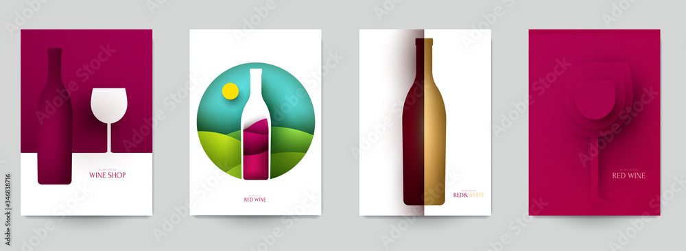 Collection colorful template cover for wine. Abstract art composition in modern geometric papercut style. Minialistic concept design for branding banner, flyer, book, menu, card. Vector illustration. - obrazy, fototapety, plakaty 