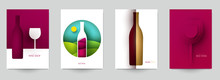 Collection Colorful Template Cover For Wine. Abstract Art Composition In Modern Geometric Papercut Style. Minialistic Concept Design For Branding Banner, Flyer, Book, Menu, Card. Vector Illustration.