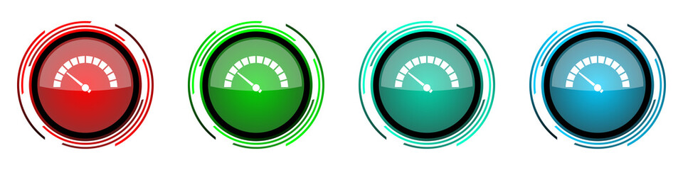 Poster - Speed meter round glossy vector icons, fast indicator set of buttons for webdesign, internet and mobile phone applications in four colors options isolated on white background