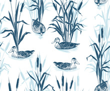 . .Bulrushes And Wild Ducks. Hand Drawn Monochrome Seamless Pattern On A White Background. Vector Vintage Illustration .