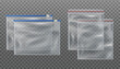 Collection of 3d realistic vector zip lock transparent bags and zip slider transparent bags. Empty mockup pouches in different sizes on transparent background.