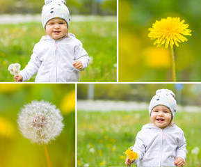 Child baby dandelion mom care summer grass green yellow background. Walks in the park holiday concept joy emotion.