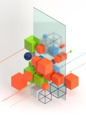 Poster - Abstract 3d render visualization background, template modern composition of geometric shapes in isometric . Cube, sphere, cylinder, line.