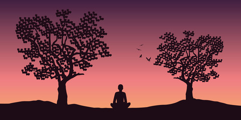 Wall Mural - relaxing lonely person enjoy the silence in the nature between trees vector illustration EPS10