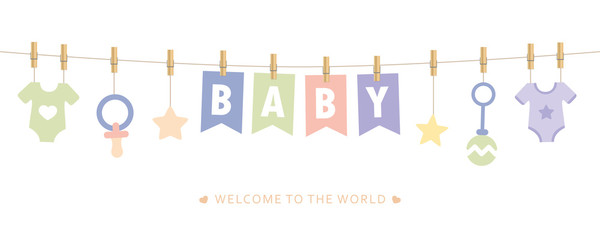 baby shower welcome greeting card for childbirth with hanging utensils vector illustration eps10