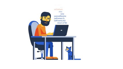 Programmer with laptop remotely working. Bearded coder freelancer work home. Looped Animation with alpha channel.