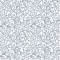 Floral monoline seamless pattern background, textile printing. Hand drawn endless vector illustration of flowers on light background. Flower theme wedding. Summer collection