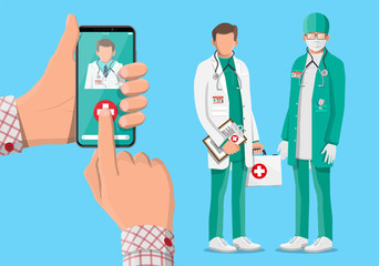 Wall Mural - Mobile phone with telemedicine app. Pills and bottles, medicine online. Medical assistance, help, support. Doctor with first aid kit. Health care application on smartphone. Flat vector illustration