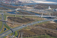 Birds Eye View Of Diemen Junction, The Netherlands. State Highways A1 And A9 Cross Each Other. Due To COVID-19, Corona Virus Lock Down, There Is Much Less Traffic Than Usual. Muiderbrug, Uyllanderbrug