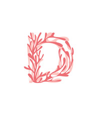 Sticker - Letter D pink colored seaweeds underwater ocean plant sea coral elements flat vector illustration on white background