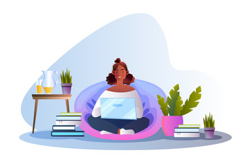 Wall Mural - Vector illustration in flat style with smiling young girl sitting on the pillow using laptop. Online education concept with female character, books, home plants, table. E-learning banner with cute stu