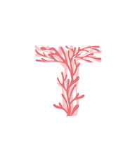 Wall Mural - Letter T pink colored seaweeds underwater ocean plant sea coral elements flat vector illustration on white background