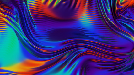 Poster - Iridescent chrome wavy cloth fabric abstract background, ultraviolet holographic foil texture, liquid petrol surface, ripples, metallic reflection. 3d render illustration.