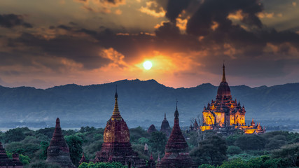 Wall Mural - Asian ancient architecture archaeology temple in Bagan at sunset, Myanmar ananda temple in the Bagan Archaeological Zone Pagodas and temple of Bagan world heritage site, Myanmar, Asia.