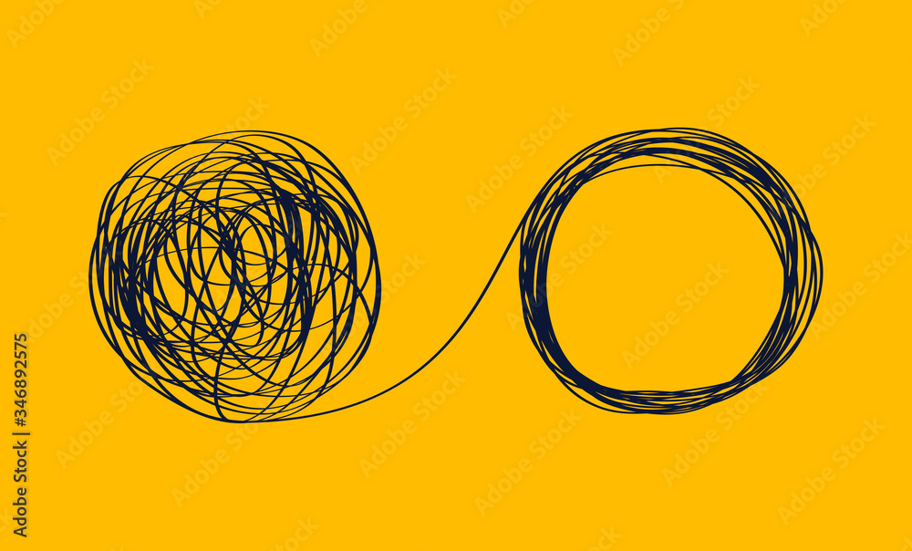 concept icon showing the unraveling of a tangled line. metaphor for a mentor or coach in problems business - obrazy, fototapety, plakaty 