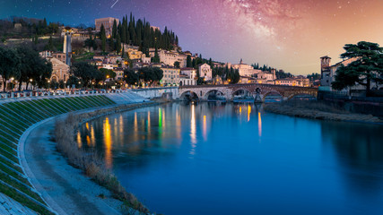 Wall Mural - Ponte Pietra, Verona, with Adige, starry night