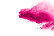 Pink powder explosion on white background. Holi.