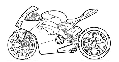Wall Mural - Vector line art motorcycle for concept design. Sport bike black contour outline sketch illustration isolated on white background. Stroke without fill. Cower drawing. Black-white icon.