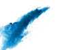 Abstract blue powder explosion on white background. Closeup of blue dust particles splash isolated on clear background.